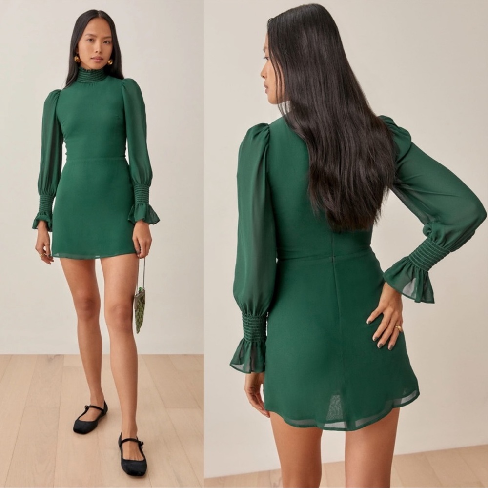 Reformation Archie Shirred Georgette Mini Dress in Emerald Green